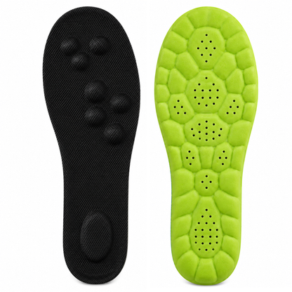 A pair of shoe insoles shown side by side on a white background, with the left insole in black and the right insole in bright lime green, both featuring textured cushioning and ventilation holes.