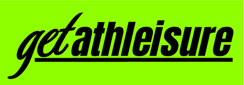 A bright lime green rectangular sticker or label with the word 'getathleisure' in black script and underline, centered on a plain white background.